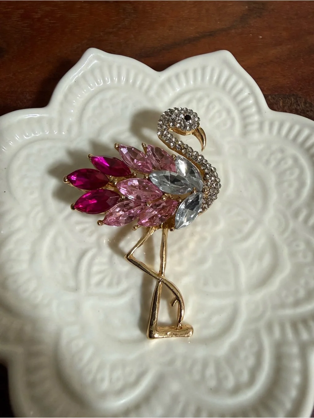 New sparkling gold-tone flamingo brooch adorned with pink and clear crystals